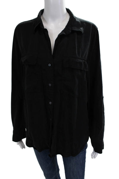 Babaton Womens Collared Button-Up Tencel Top Black Long Sleeve Size M