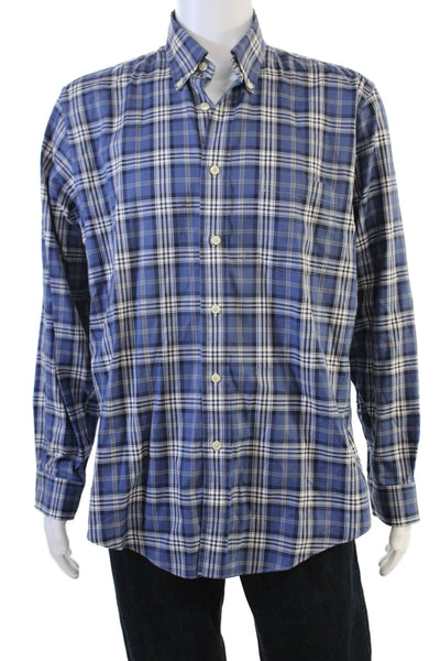 Brooks Brothers Mens Button-Down Plaid Collared Long Sleeve Blue Shirt Size L
