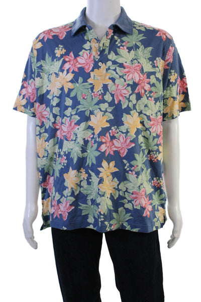 Brooks Brothers Mens Polo Short Sleeve Collared Floral Blue Cotton Size L