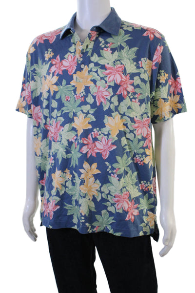 Brooks Brothers Mens Polo Short Sleeve Collared Floral Blue Cotton Size L