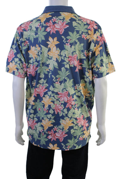 Brooks Brothers Mens Polo Short Sleeve Collared Floral Blue Cotton Size L