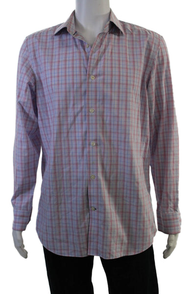 Banana Republic Mens Check Cotton Button Up Spread Collar Light Blue Size L