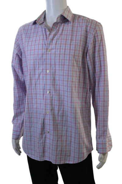 Banana Republic Mens Check Cotton Button Up Spread Collar Light Blue Size L