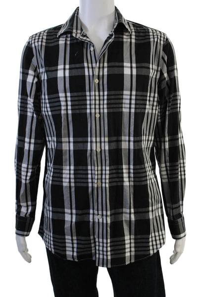 Banana Republic Mens Point Collar Plaid Button-Up Long Sleeve Black Size L