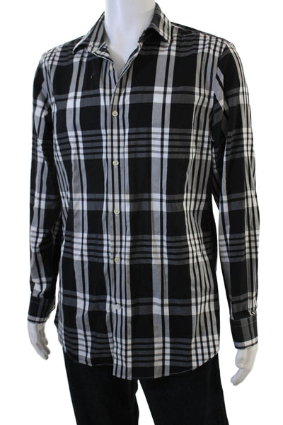 Banana Republic Mens Point Collar Plaid Button-Up Long Sleeve Black Size L