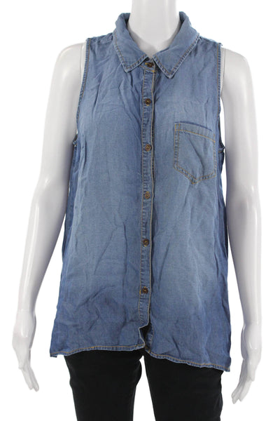 Splendid Women Basic Silk Button-Up Collared Sleeveless Blue Top Size L