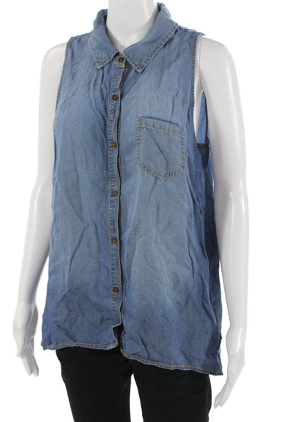 Splendid Women Basic Silk Button-Up Collared Sleeveless Blue Top Size L