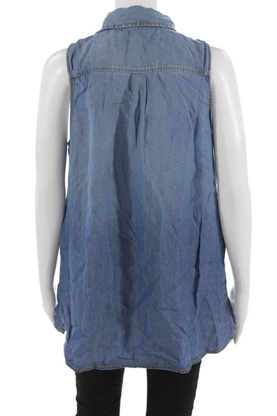 Splendid Women Basic Silk Button-Up Collared Sleeveless Blue Top Size L