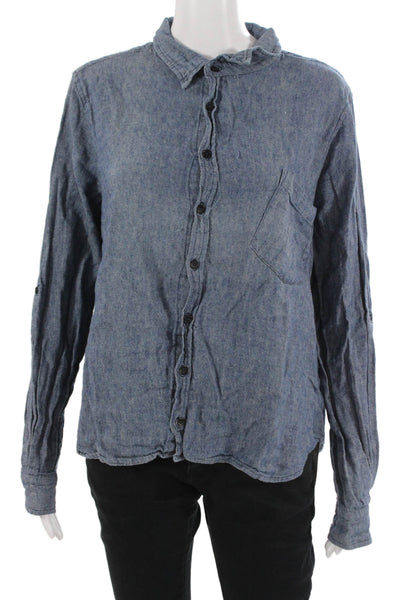 Shirt Mens Button-Down Collared Long Sleeve Blue Linen Cotton Solid Size L