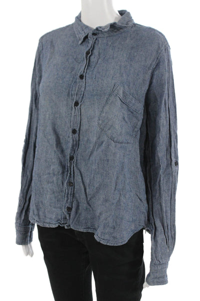 Shirt Mens Button-Down Collared Long Sleeve Blue Linen Cotton Solid Size L
