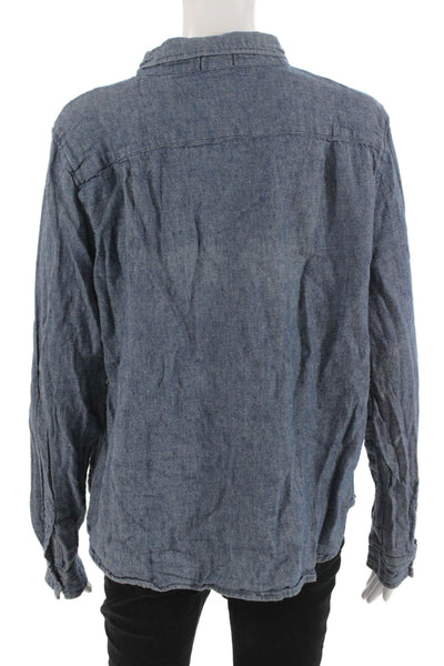 Shirt Mens Button-Down Collared Long Sleeve Blue Linen Cotton Solid Size L