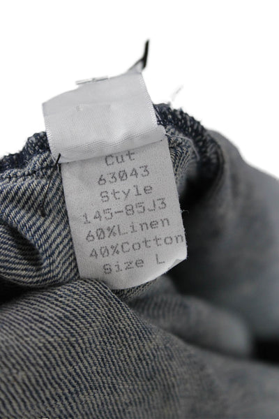 Shirt Mens Button-Down Collared Long Sleeve Blue Linen Cotton Solid Size L
