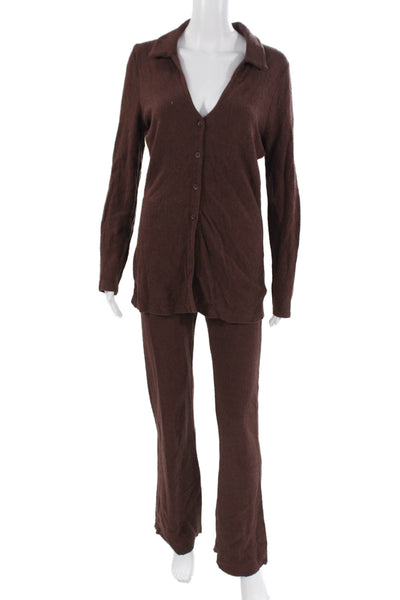 Skin Womens Button Down Shirt Pant Set Brown Cotton Blend Size 1