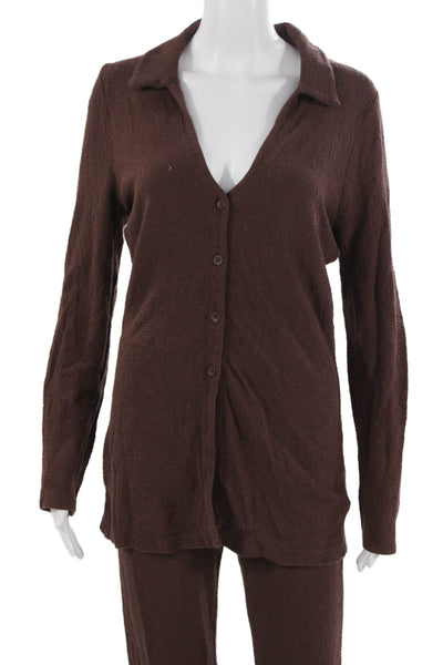 Skin Womens Button Down Shirt Pant Set Brown Cotton Blend Size 1