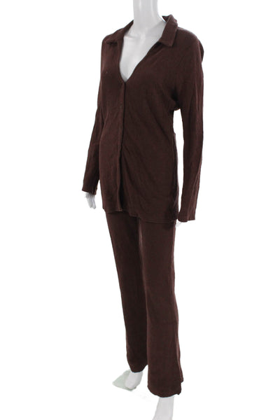 Skin Womens Button Down Shirt Pant Set Brown Cotton Blend Size 1