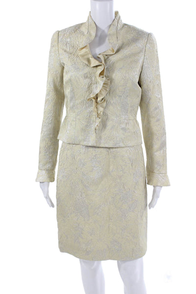 Carmen Marc Valvo Women Beige Floral Mock Neck Long Sleeve 2 Piece Size 4