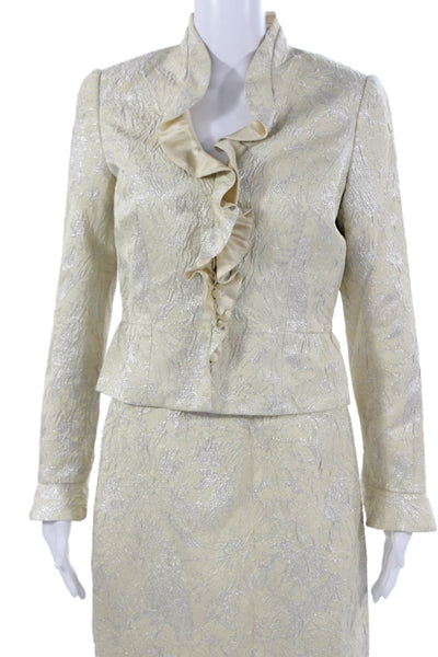 Carmen Marc Valvo Women Beige Floral Mock Neck Long Sleeve 2 Piece Size 4