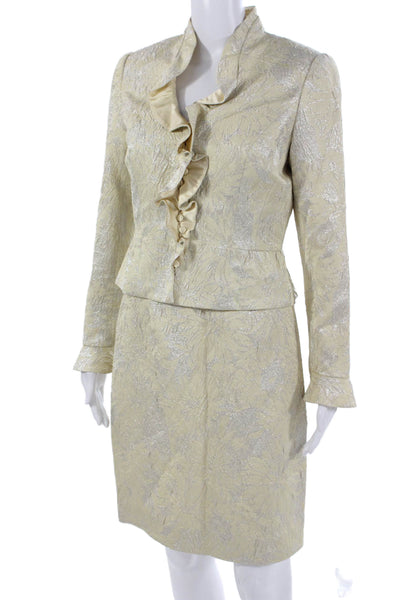 Carmen Marc Valvo Women Beige Floral Mock Neck Long Sleeve 2 Piece Size 4