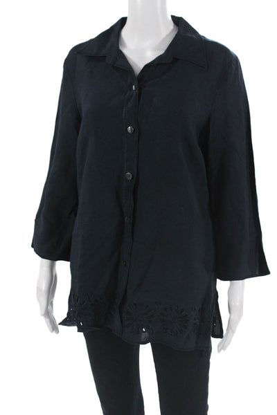 Oscar de la Renta Women Tunic Button-Up Collared Linen 3/4 Sleeve Black Size M