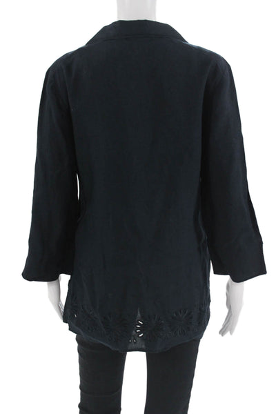 Oscar de la Renta Women Tunic Button-Up Collared Linen 3/4 Sleeve Black Size M