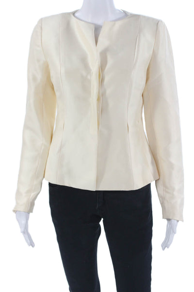 Kay Unger Women Designer Silk Beige Blazer Long Sleeve Button Round Neck Size 2
