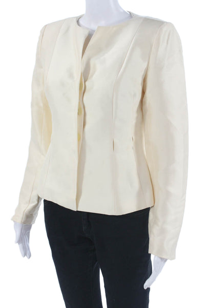 Kay Unger Women Designer Silk Beige Blazer Long Sleeve Button Round Neck Size 2