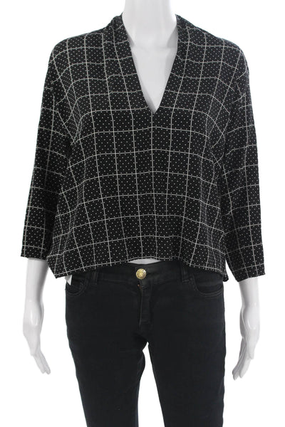 Sandro Womens Black V-Neck Blouse Checked Polka Dot 3/4 Sleeve Button Size 3
