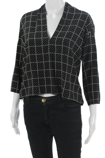 Sandro Womens Black V-Neck Blouse Checked Polka Dot 3/4 Sleeve Button Size 3