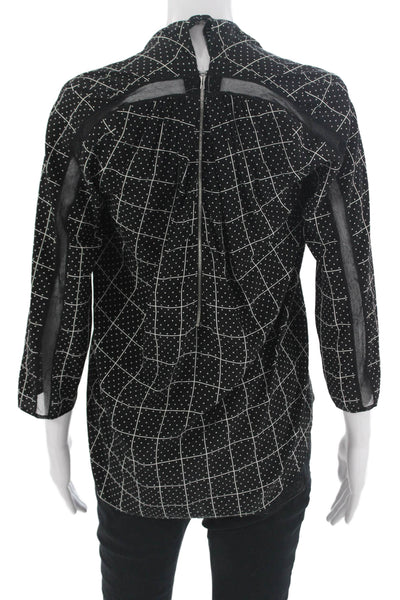 Sandro Womens Black V-Neck Blouse Checked Polka Dot 3/4 Sleeve Button Size 3