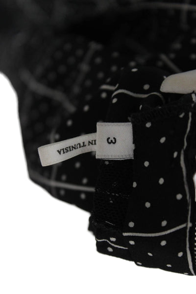 Sandro Womens Black V-Neck Blouse Checked Polka Dot 3/4 Sleeve Button Size 3