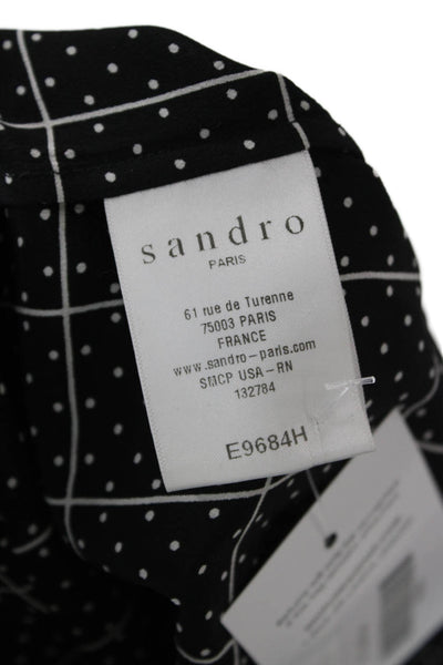Sandro Womens Black V-Neck Blouse Checked Polka Dot 3/4 Sleeve Button Size 3