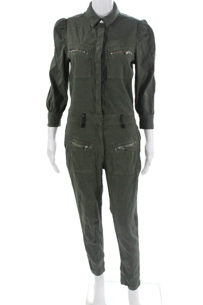 The Kooples Women Green Collared 3/4 Sleeve Jumpsuit Size 1