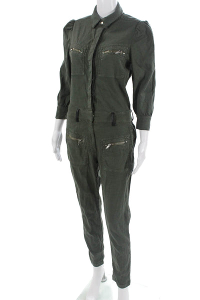 The Kooples Women Green Collared 3/4 Sleeve Jumpsuit Size 1