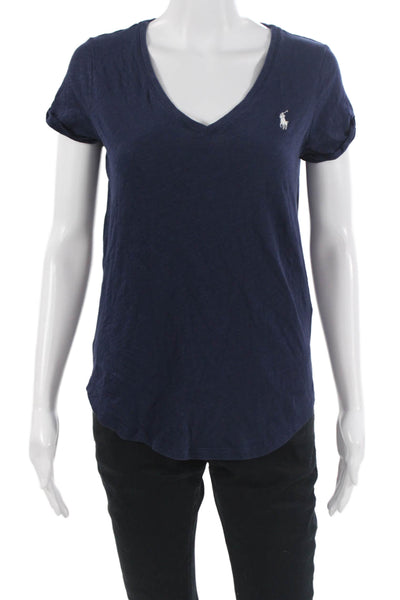 Polo Ralph Lauren Women Dark Blue V-Neck Short Sleeve Cotton T-Shirt Size S