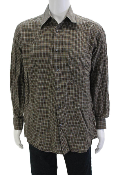 Thomas Miller Mens Button Front Collared Plaid Shirt Brown Black Size Medium