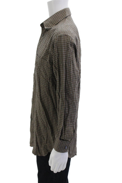 Thomas Miller Mens Button Front Collared Plaid Shirt Brown Black Size Medium
