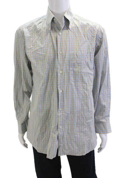 Thomas Miller Mens Button Up Long Sleeve Collared Plaid Shirt Blue Brown Large