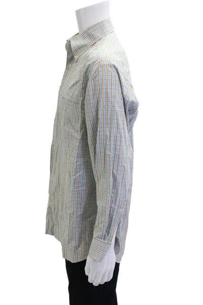 Thomas Miller Mens Button Up Long Sleeve Collared Plaid Shirt Blue Brown Large