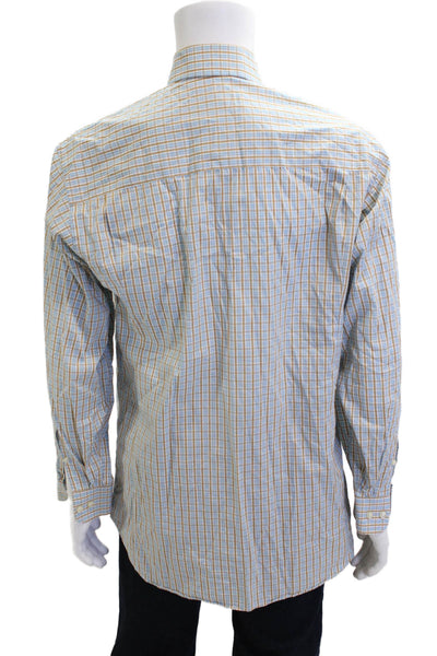 Thomas Miller Mens Button Up Long Sleeve Collared Plaid Shirt Blue Brown Large