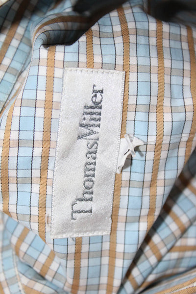 Thomas Miller Mens Button Up Long Sleeve Collared Plaid Shirt Blue Brown Large