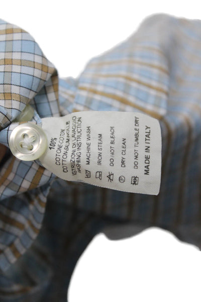 Thomas Miller Mens Button Up Long Sleeve Collared Plaid Shirt Blue Brown Large