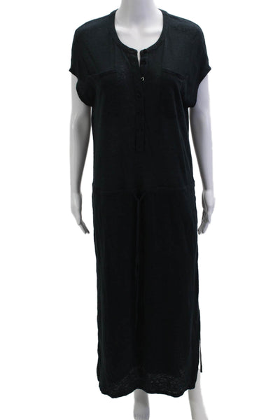 Vince Women Black Linen Maxi Shirt Dress Short Sleeve Button Round Neck Size S