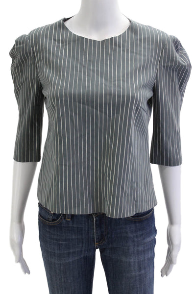 M2057 Women Striped Round Neck 3/4 Sleeve Blouse Dark Gray Size S