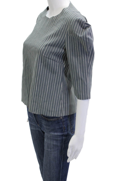 M2057 Women Striped Round Neck 3/4 Sleeve Blouse Dark Gray Size S