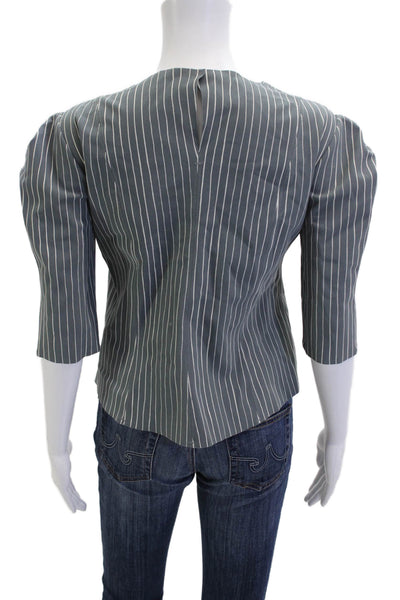 M2057 Women Striped Round Neck 3/4 Sleeve Blouse Dark Gray Size S