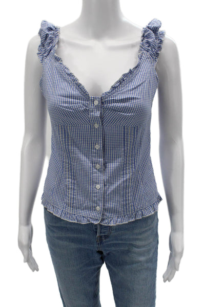 John Galt Women Camisole Blue Check V-Neck Ramie Button Up Size One Size