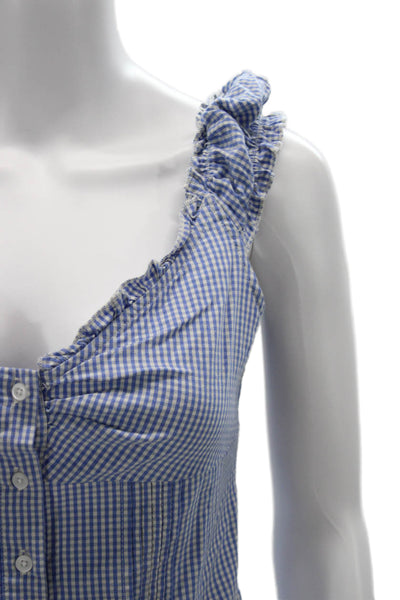 John Galt Women Camisole Blue Check V-Neck Ramie Button Up Size One Size
