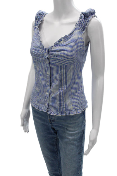 John Galt Women Camisole Blue Check V-Neck Ramie Button Up Size One Size