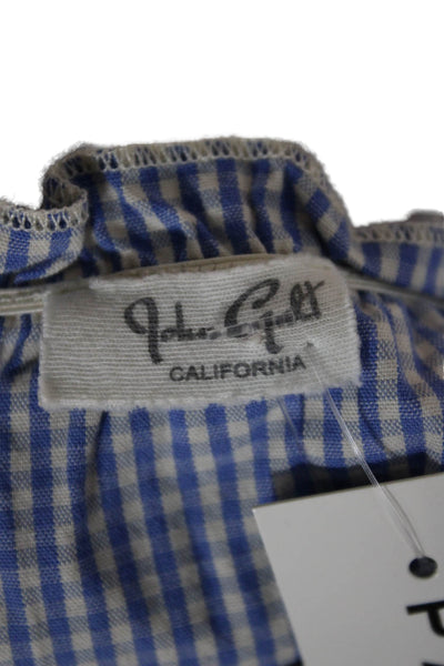 John Galt Women Camisole Blue Check V-Neck Ramie Button Up Size One Size