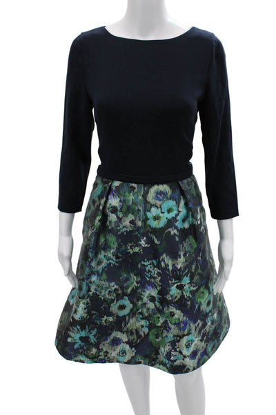 Theia Womens Fit & Flare Dark Blue Floral Short Dress 3/4 Sleeve Size 8
